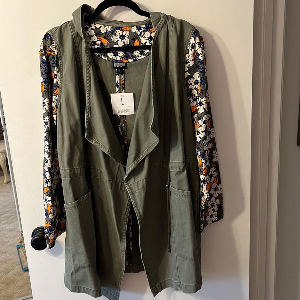 LuLaRoe Hooded Khaki Open Front All Cotton Jacket w/Flower Sleeves and Cinch Tie